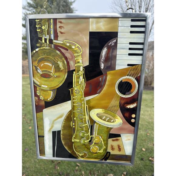 Paul Brent Hand Painted Glass Saxophone Music Sun Catcher Framed 16x11.5” - Picture 5 of 6